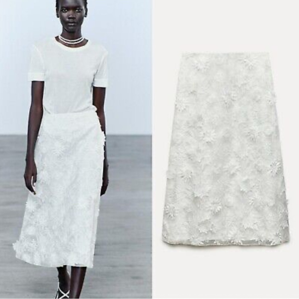 Zara Cream Embellished A-line Midi Skirt Cocktail